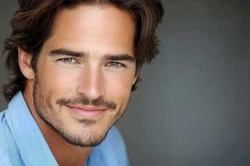 Fototapeta premium Portrait of a handsome businessman laughing, captured in close-up and set against a gray background
