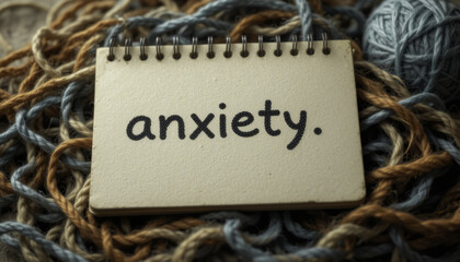notebook with word anxiety is placed on tangled pile of yarn, symbolizing complexity and entanglement of emotions. scene conveys sense of confusion and stress