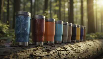 row of colorful travel mugs is lined up on fallen log in serene forest setting, with sunlight filtering through trees, creating peaceful atmosphere