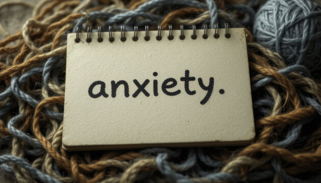 notebook with word anxiety is placed on tangled pile of yarn, symbolizing complexity and entanglement of emotions. scene conveys sense of confusion and stress