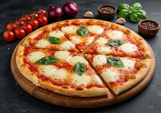 A sliced margherita pizza with basil leaves on a wooden board with fresh ingredients around it