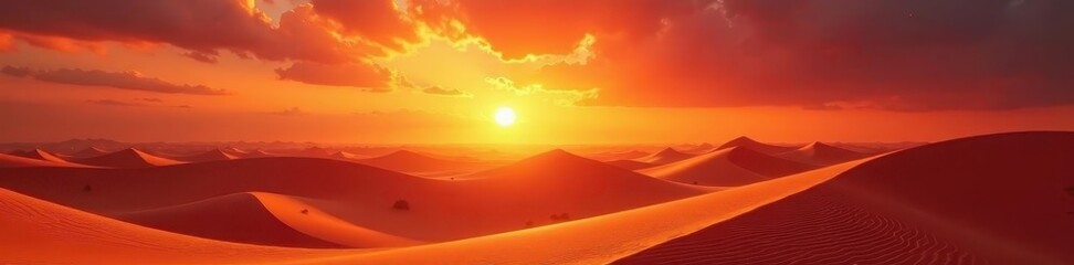 Fototapeta premium Sun dips below Sahara sands, fiery hues paint sky, vibrant, heat