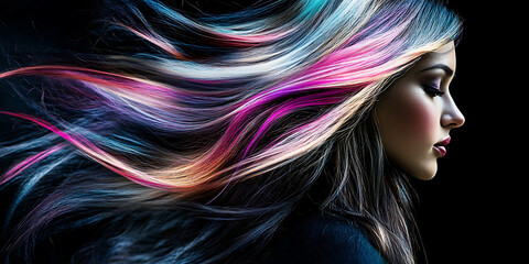 Naklejka premium Woman with colorful, vibrant hair, profile view, dark background