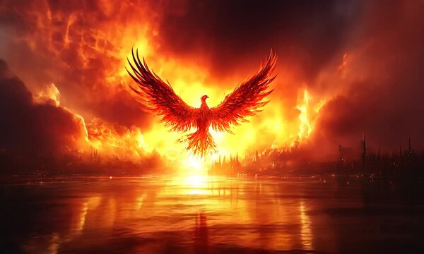 Majestic phoenix rising from fiery sunset over a tranquil lake, symbolizing rebirth and hope