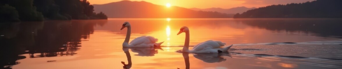 Fototapeta premium Two graceful swans glide across a calm lake at sunset , pair, peace, couple
