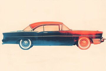 stylish postcard with classic retro car in gradient color style side view on white background