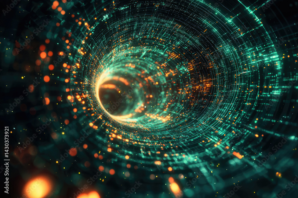 Poster abstract digital tunnel with glowing lights creating a vortex effect, conveying speed, technology, a