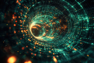 Obraz premium Abstract digital tunnel with glowing lights creating a vortex effect, conveying speed, technology, and futuristic concepts.