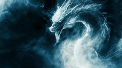 Mystical Blue Dragon Emerging From Smoke