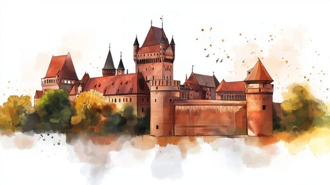 Malbork Castle. Malbork Castle hand drawn watercolor illustration