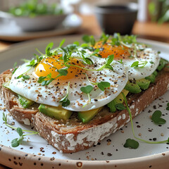Poached Egg on Avocado Toast with Microgreens &ndash; Minimalist Scandinavian Kitchen Scene on Marble Surface, Calm App Style Aesthetic