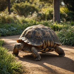 Fototapeta premium Tortoise Slowly Walking on a Sunlit Garden Path
