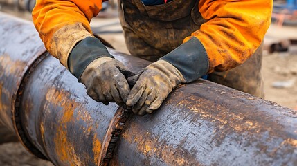 Worker in Protective Gear Handling Large Pipeline