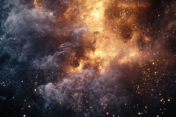 A mesmerizing cosmic scene showcasing swirling nebulae in deep blue and fiery gold, dotted with twinkling stars and shimmering dust.