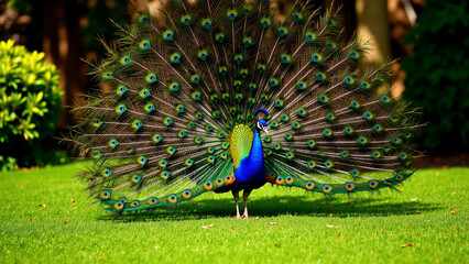 Obraz premium Peacock displaying colorful fanned tail feathers on grass