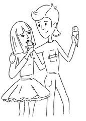 A guy and a girl holding ice cream in their hands hugging and walking. Sketch drawn with gel pen