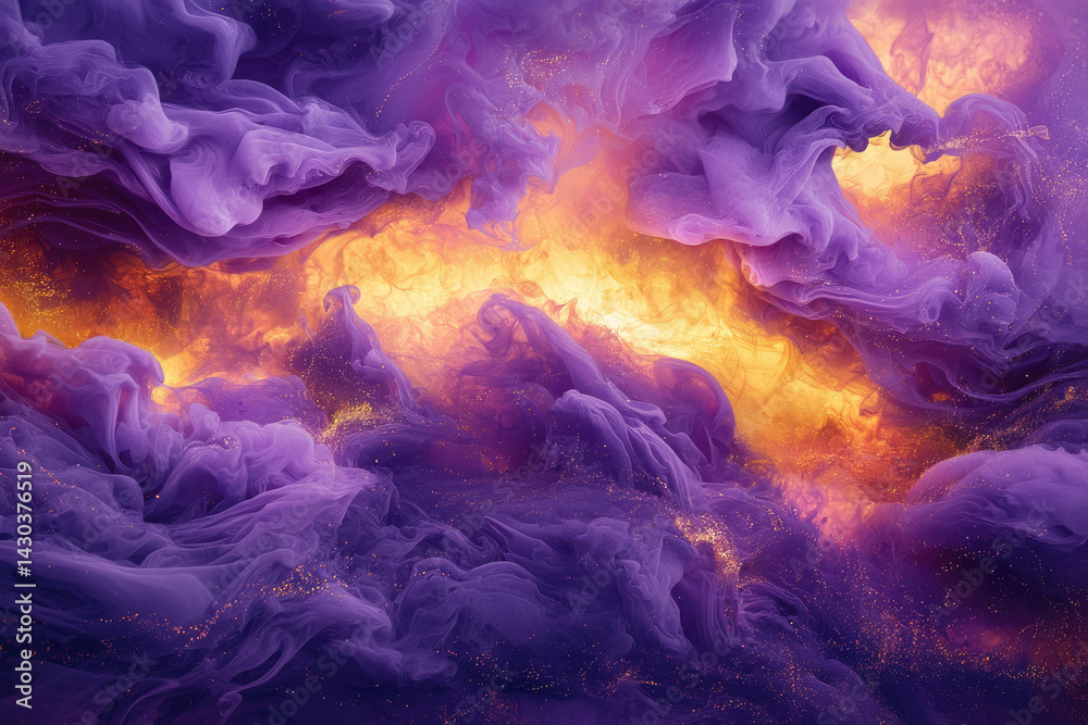 Poster abstract image featuring flowing purple smoke against a background of golden, fiery light with spark