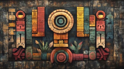 Ancient Stone Wall with Colorful Glyphs and Symbols