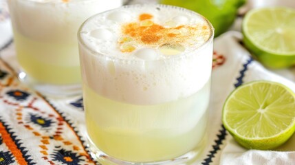 a South American signature cocktail, featuring a grape brandy, mixed with fresh lime juice, simple syrup and frothy egg whites, creating a tangy, refreshing and slightly sweet drink .