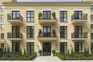 Naklejka premium A modern building with elegant architecture, featuring multiple balconies, large windows, and landscaped greenery in front.