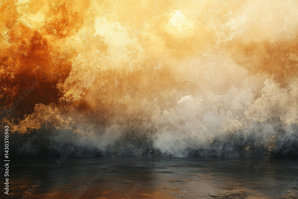 Poster abstract golden sky merging with smoky clouds over a dark, reflective floor creating an ethereal atm