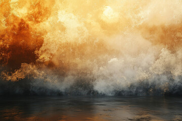 Abstract golden sky merging with smoky clouds over a dark, reflective floor creating an ethereal atmosphere.