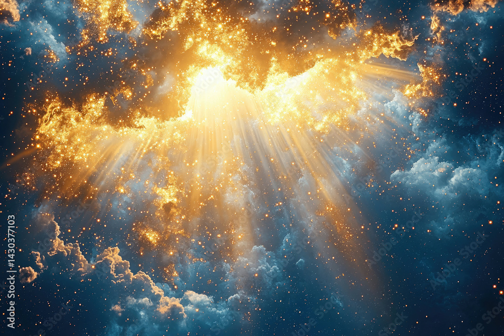 Poster golden light streaks pierce through blue clouds, creating a heavenly and ethereal atmosphere with sp