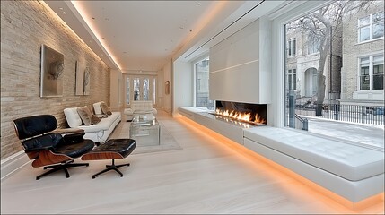 A bright, modern room has a large brick wall, couches, chairs, and a fireplace. A large window shows an exterior.