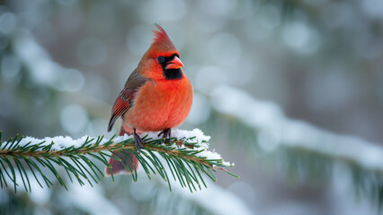 Red bird perched on snowy branch in winter