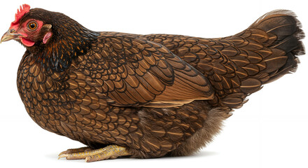Close up of a hen brown feathers with black markings red comb and wattles isolated on white background Perfect for agricultural farming poultry livestock and animal feed advertisements