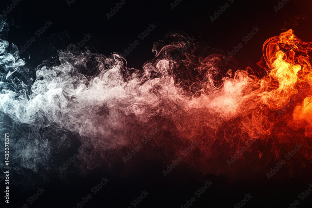 Poster abstract image with smoke-like plumes ranging from cool white and blue to fiery red and orange again