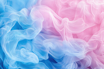 Delicate layers of sheer fabric intertwine, creating a soft, ethereal blend of pastel pink and blue hues, evoking a dreamy, abstract feel.