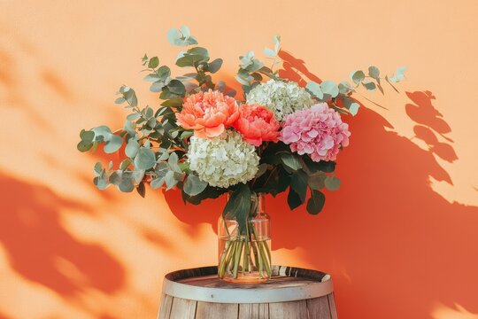 Vibrant bouquet of peonies and hydrangeas in a glass vase. - Powered by Adobe