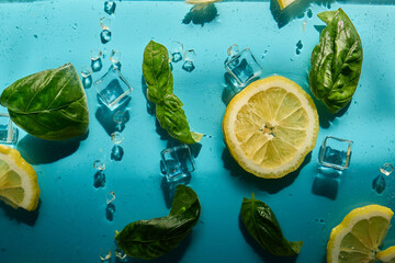 Lemon slices, fresh basil leaves, and ice cubes are artfully arranged on a bright blue surface, evoking a cool and refreshing summer vibe perfect for beverages.