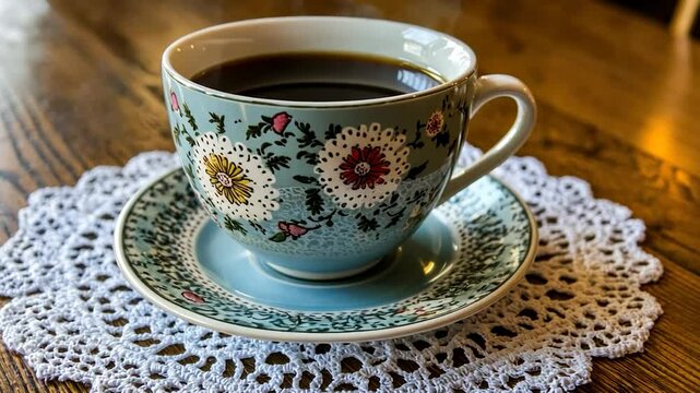Floral coffee cup on doily