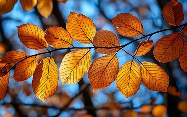 Vibrant autumn leaves on a branch against a soft blue backdrop.  Sunlight highlights the intricate venation patterns