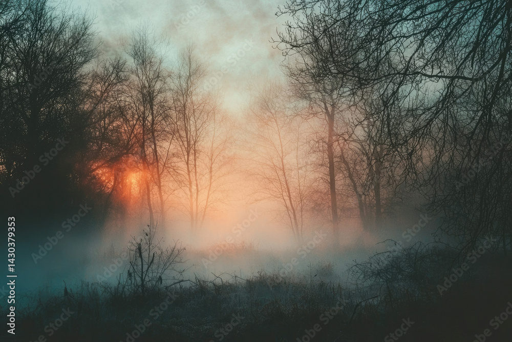 Poster a mystical fog shrouds a forest at dawn, with the sun's rays breaking through the bare trees.
