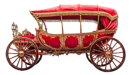 Ornate Red Horse-Drawn Carriage with Gold Detailing and Elegant Design