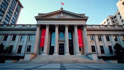 Obraz premium Central bank building with graphs showing inflation rates dropping, decrease, success