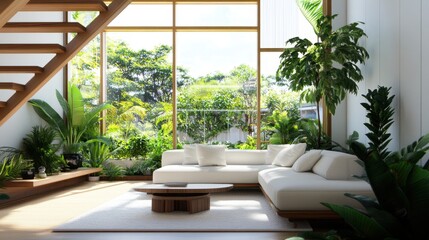 Fototapeta premium A peaceful living room filled with natural light, white sofa and vibrant plant life