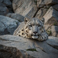 Fototapeta premium Snow Leopard Resting on a Rocky Ledge