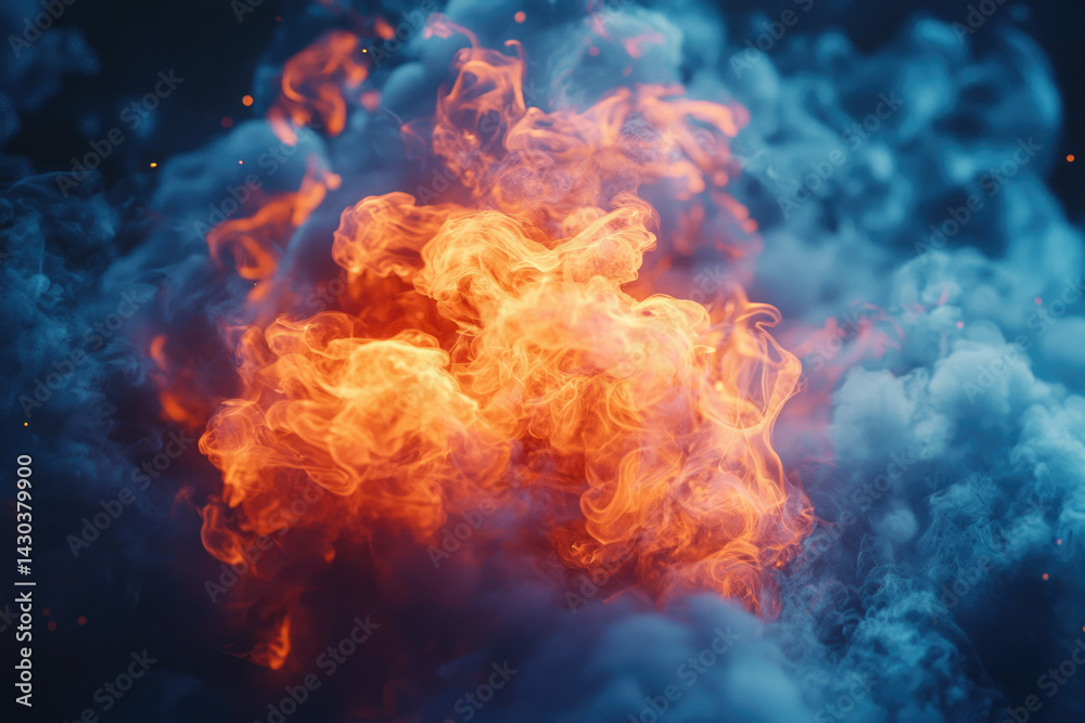 Poster fiery orange flames clash with cool blue smoke, creating a captivating display of contrasting elemen