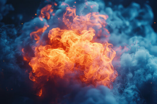 Fiery orange flames clash with cool blue smoke, creating a captivating display of contrasting elements and dynamic energy.