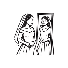 bride trying on wedding dress in front of mirror