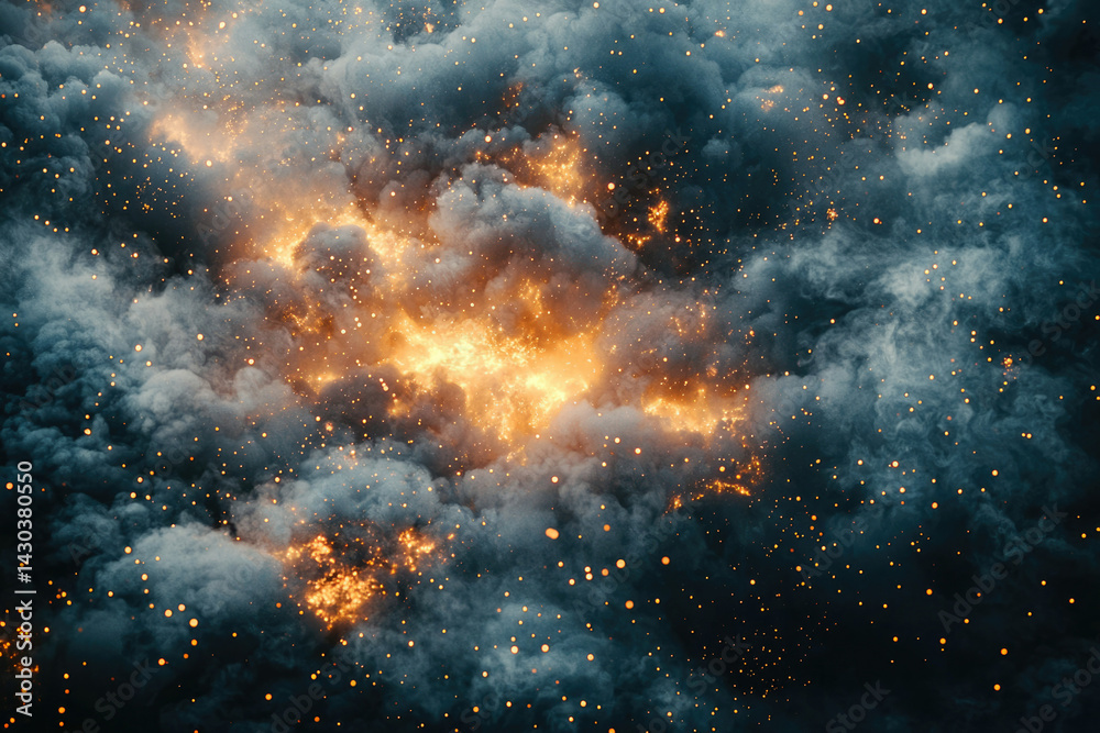Poster Dramatic interplay of dark, smoky clouds illuminated by a fiery golden light, speckled with glowing particles, creating an ethereal, otherworldly atmosphere.