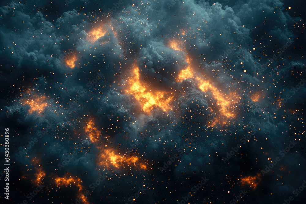 Poster dramatic dark clouds punctuated by streaks of bright orange light and glowing points create a celest