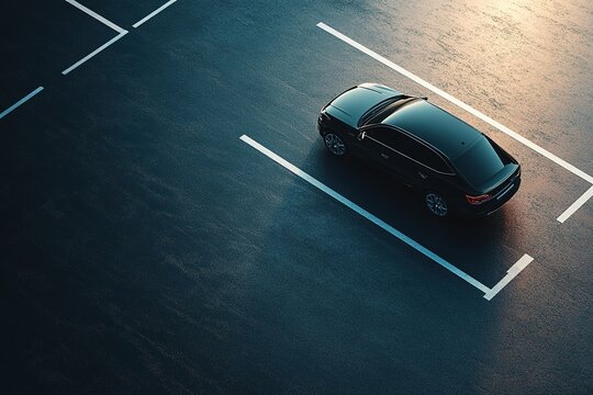 aerial view black car parked in single parking space in empty parking lot