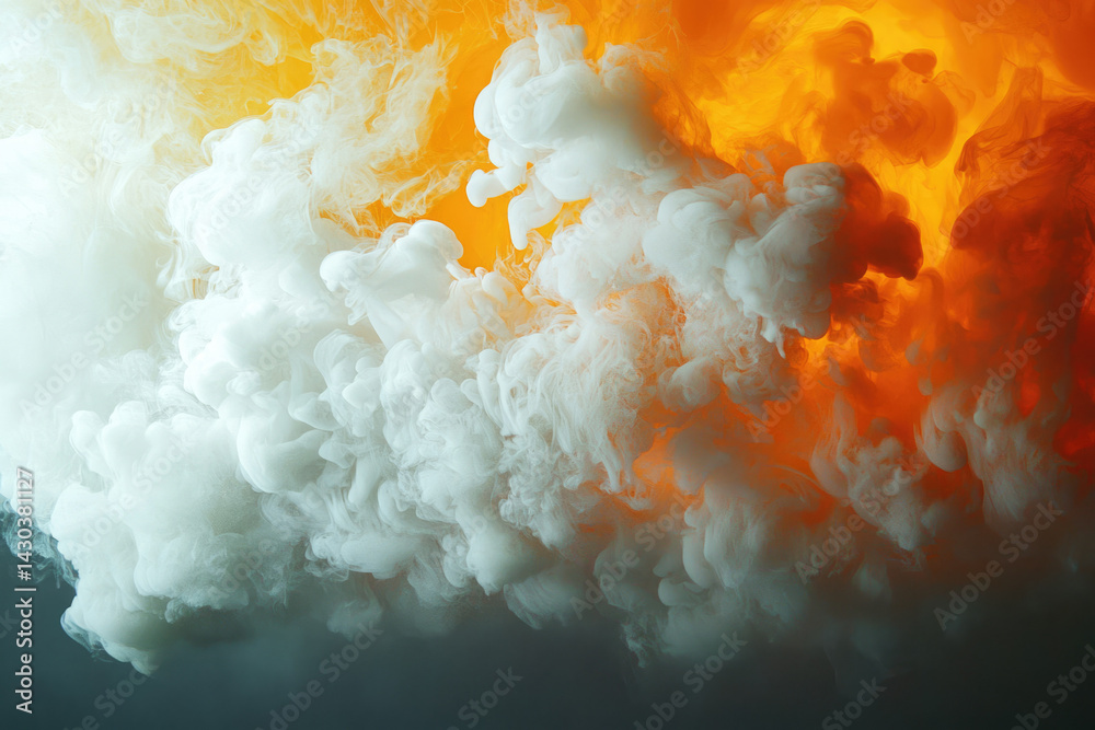 Poster a mesmerizing abstract image of dense white smoke gently swirling against a vibrant background of or