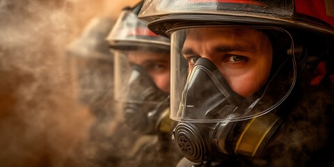 Fototapeta premium Firefighters with helmets, & masks face smoky background while working, possibly for safety ads