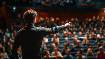 Young male speaker engaging an audience while pointing at key points during a conference in a spacious auditorium, with many attendees focused on his presentation